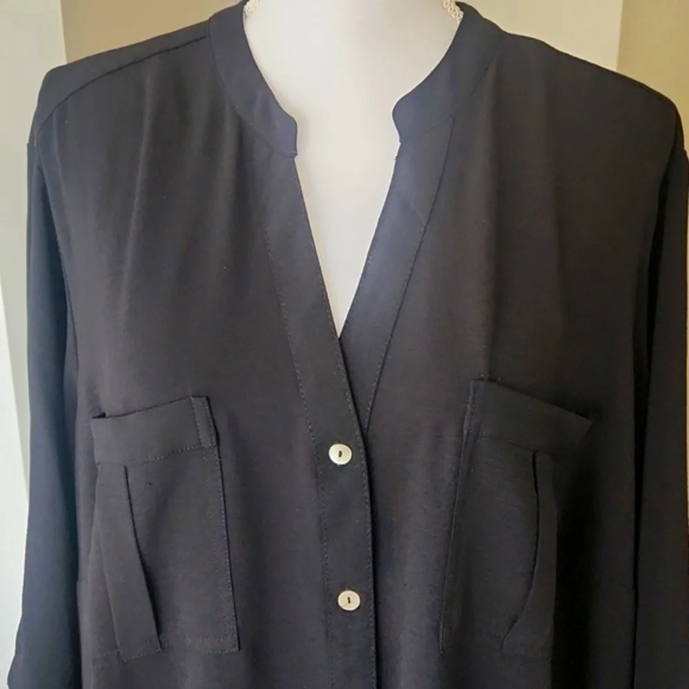 Emma & Michelle Shirt Dress Black Ruffle V-Neck Roll Tab Sleeves 2X - Picture 3 of 12